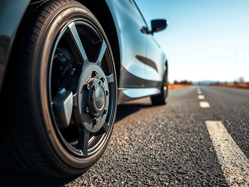 Zbliżenie koła i tarczy hamulcowej z widocznym czujnikiem ABS, na tle pustej drogi w słoneczny dzień.