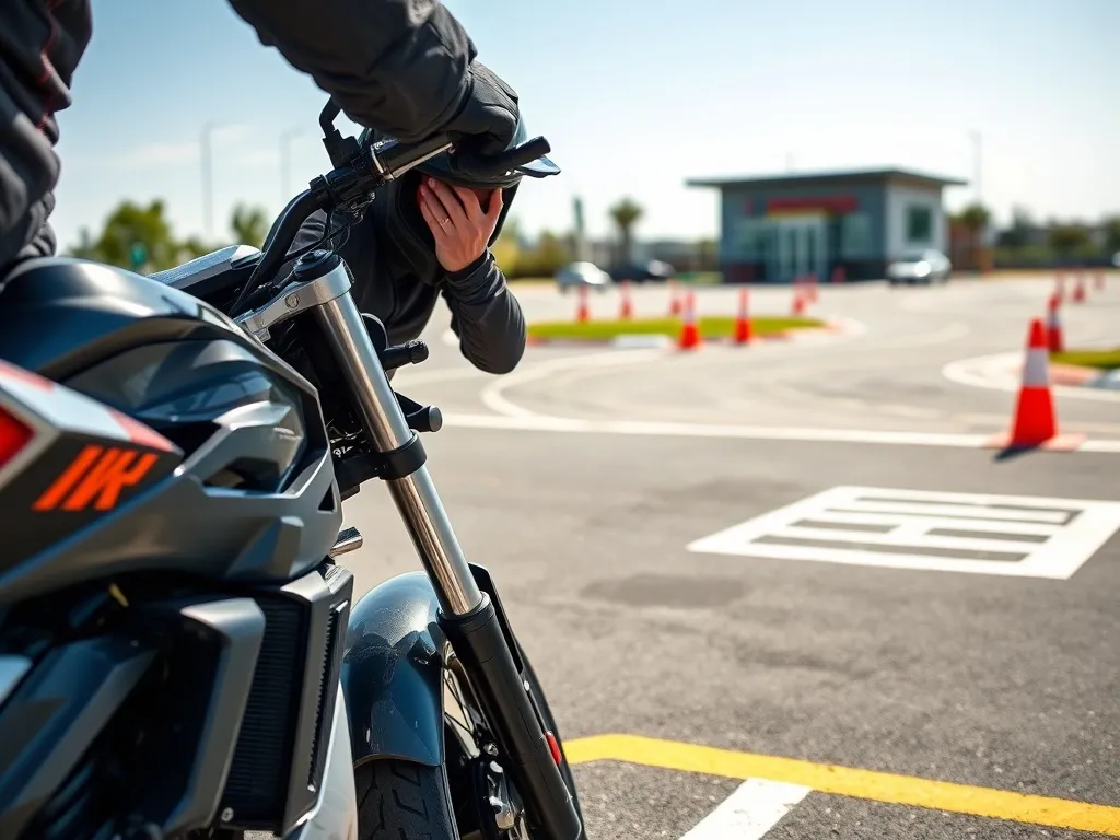 Kursant w kasku przygotowuje się przy motocyklu na placu manewrowym ośrodka egzaminacyjnego na prawo jazdy.