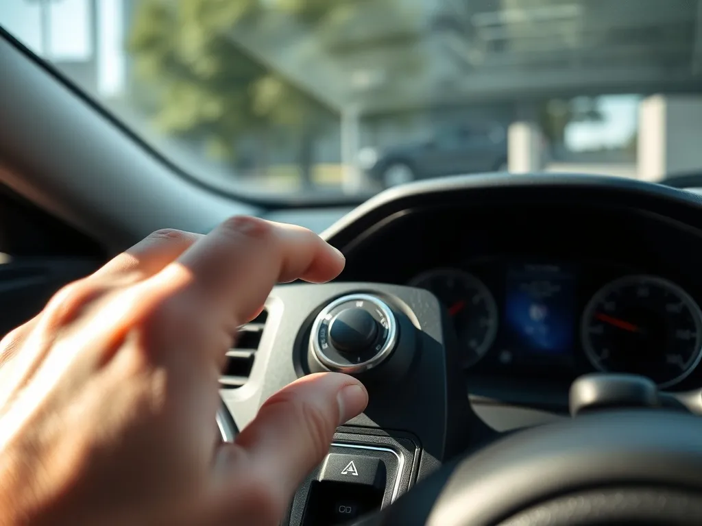 Kierowca zwalnia elektryczny hamulec ręczny na konsoli środkowej nowoczesnego auta, widok z wnętrza samochodu.