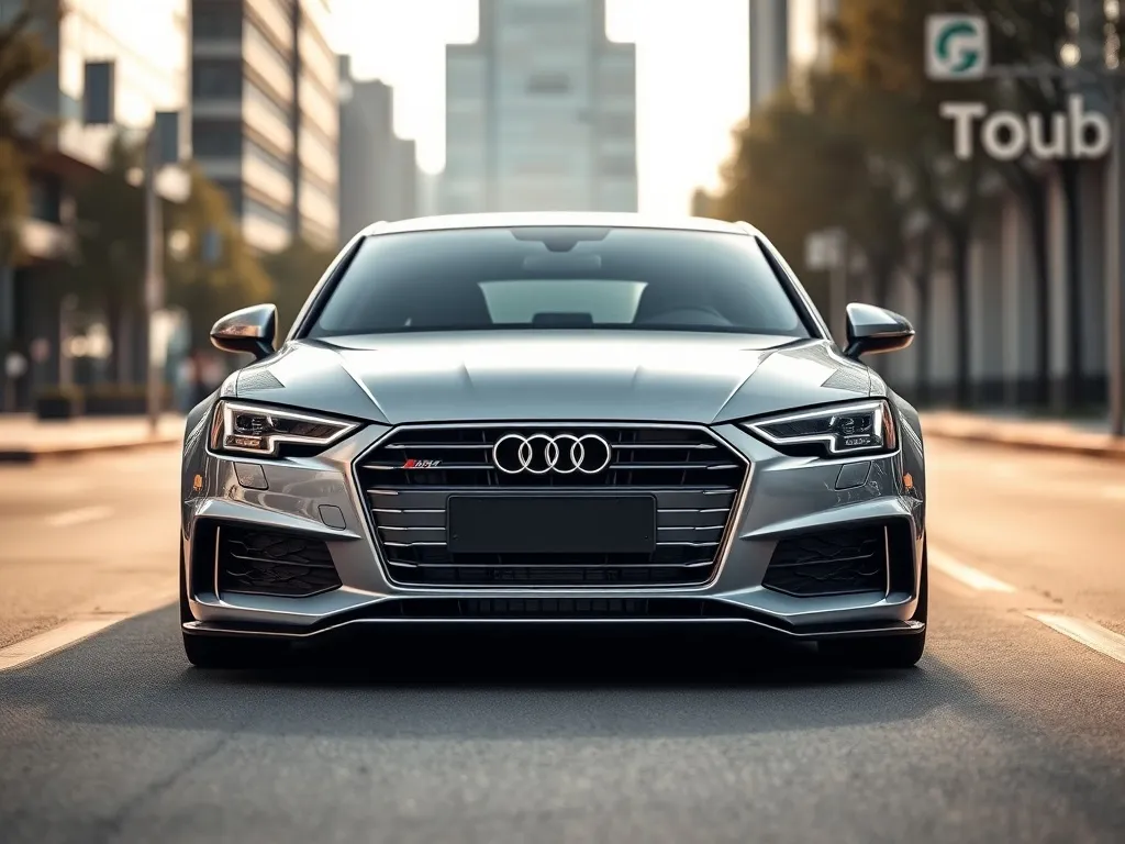 Srebrne Audi A4 B6 z dyskretnym body kitem, podkreślającym zderzak przedni i progi, zaparkowane na nowoczesnej, miejskiej ulicy