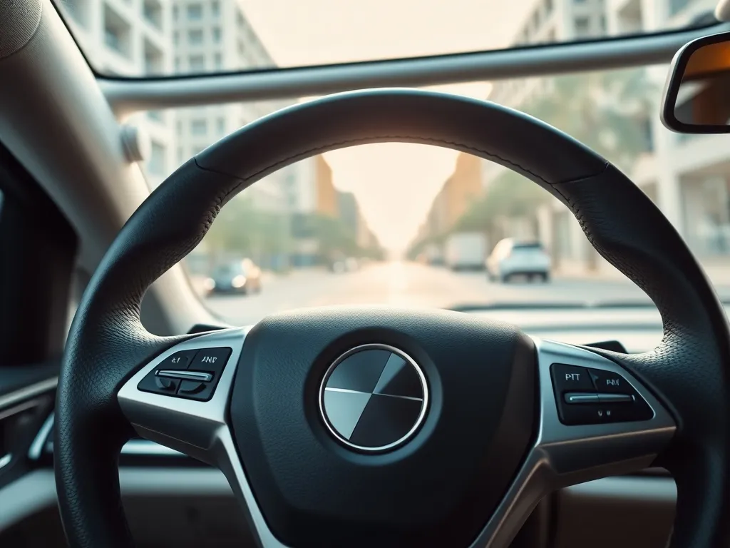 Kierownica nowoczesnego auta z ukrytą poduszką powietrzną, w tle deska rozdzielcza i spokojna ulica miasta