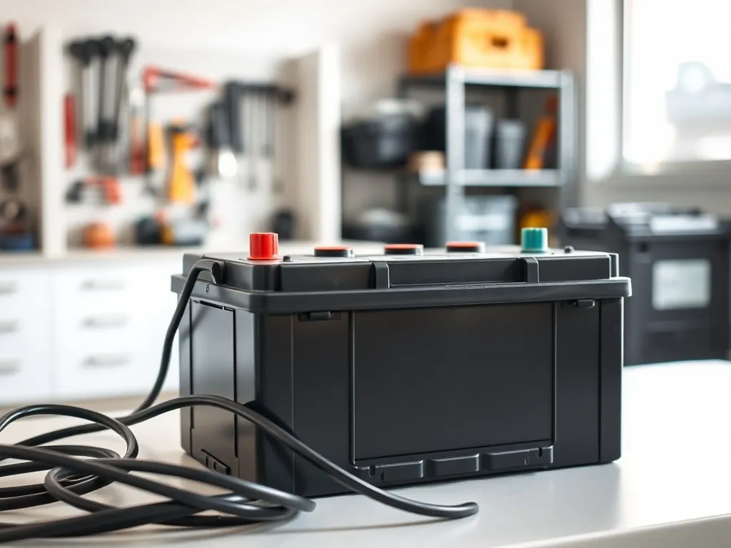 Zbliżenie akumulatora samochodowego na stole warsztatowym, z widocznymi zaciskami i przewodami, w tle rozmyte narzędzia.