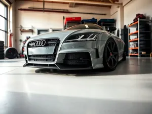 Ręce ustawiają oponę z bieżnikiem kierunkowym zgodnie ze strzałką na boku, przy aucie zaparkowanym na podjeździe