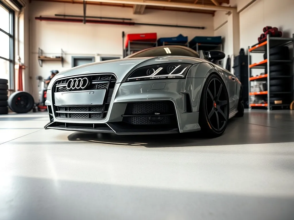 Audi TT w garażu z zamontowanym body kitem, wyeksponowany przedni zderzak, progi i obniżone zawieszenie