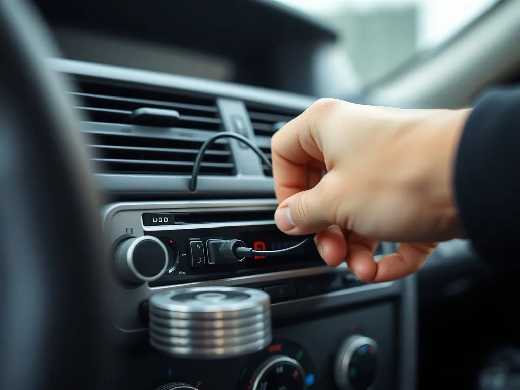 Dłonie podłączające przewód zmieniarki CD do radia samochodowego, w tle płyty CD i urządzenie zmieniarki.