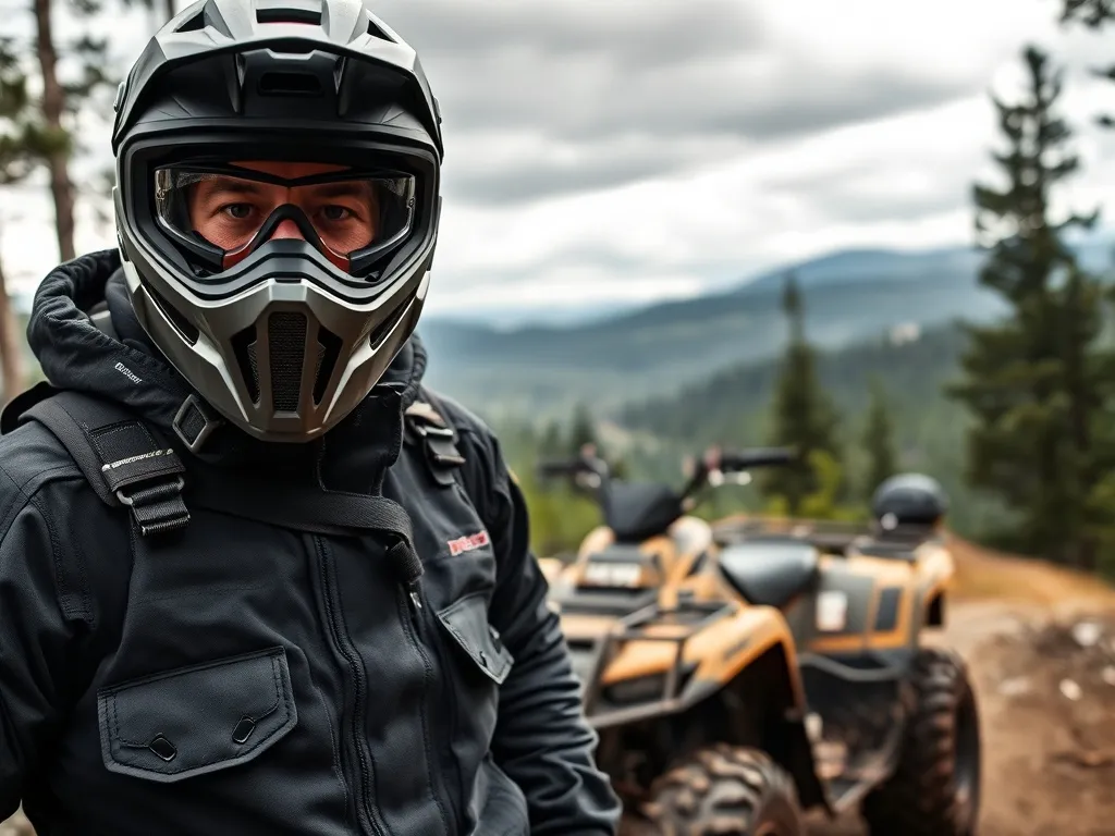 Osoba w pełnym kasku i odzieży ochronnej stoi przy quadzie na leśnej ścieżce, gotowa do bezpiecznej jazdy.