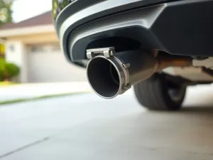 Mechanik w rękawiczkach wskazuje na układ wydechowy srebrnego auta w warsztacie, sugerując problem z wyciętym DPF.