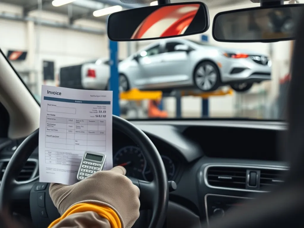 Mechanik w warsztacie analizuje koszt czyszczenia DPF, trzymając fakturę i kalkulator przy wnętrzu nowoczesnego auta.