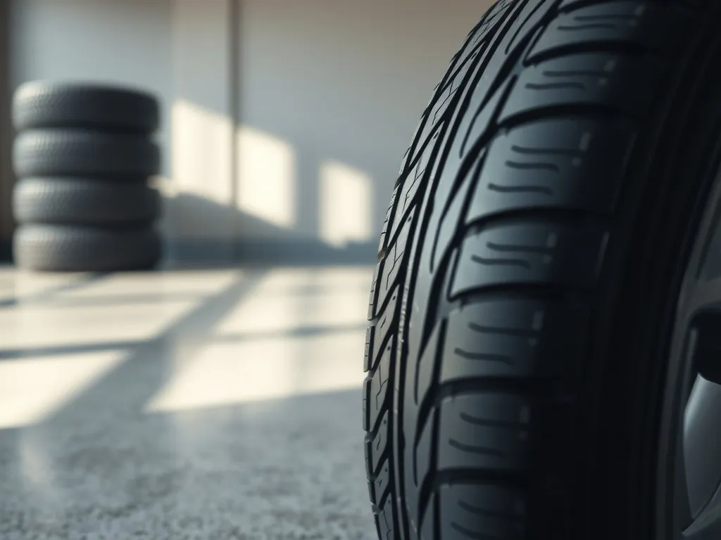 Nowa opona zimowa z głębokim bieżnikiem w garażu, na tle stosu podobnych opon, ilustruje świeży stan ogumienia.