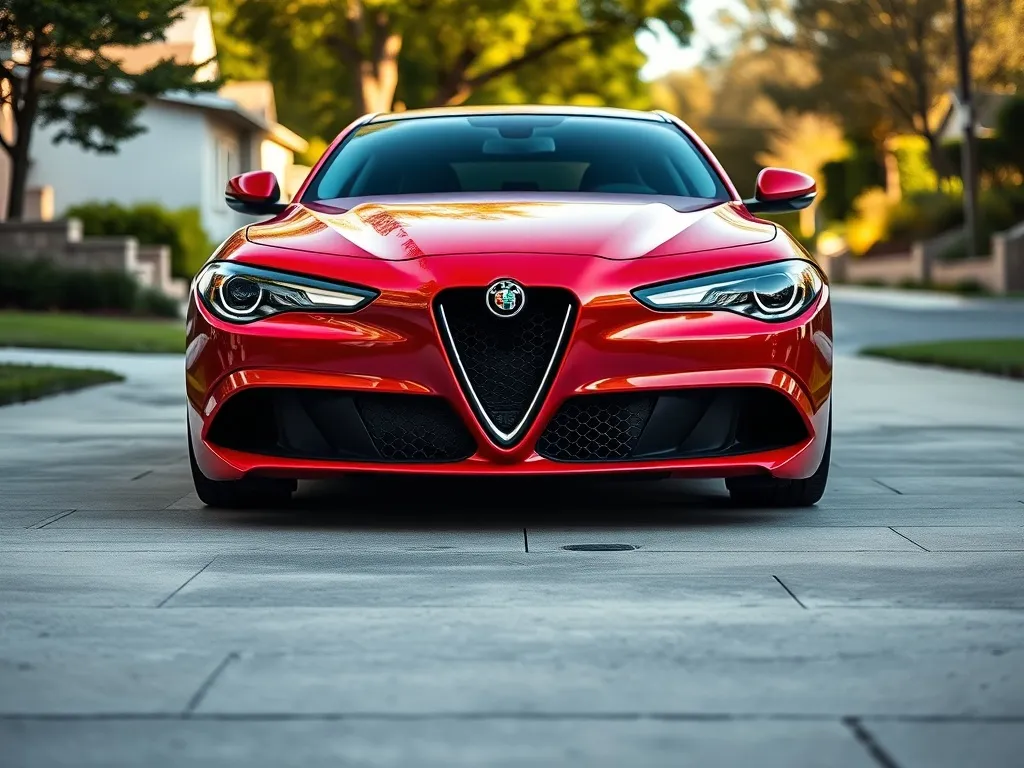 Czerwona Alfa Romeo Giulia z pakietem body kit, niskim przednim zderzakiem i dużymi felgami, podkreślająca sportowy wygląd.