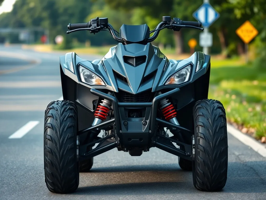 Nowoczesny quad z miejscem na tablicę rejestracyjną stojący na drodze, sugerujący homologację do jazdy po ulicy.