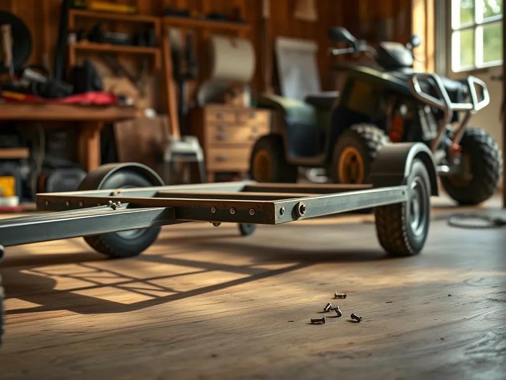 Prosta, domowa przyczepka do quada w warsztacie ogrodowym, z widoczną drewnianą podłogą i metalową ramą w budowie.