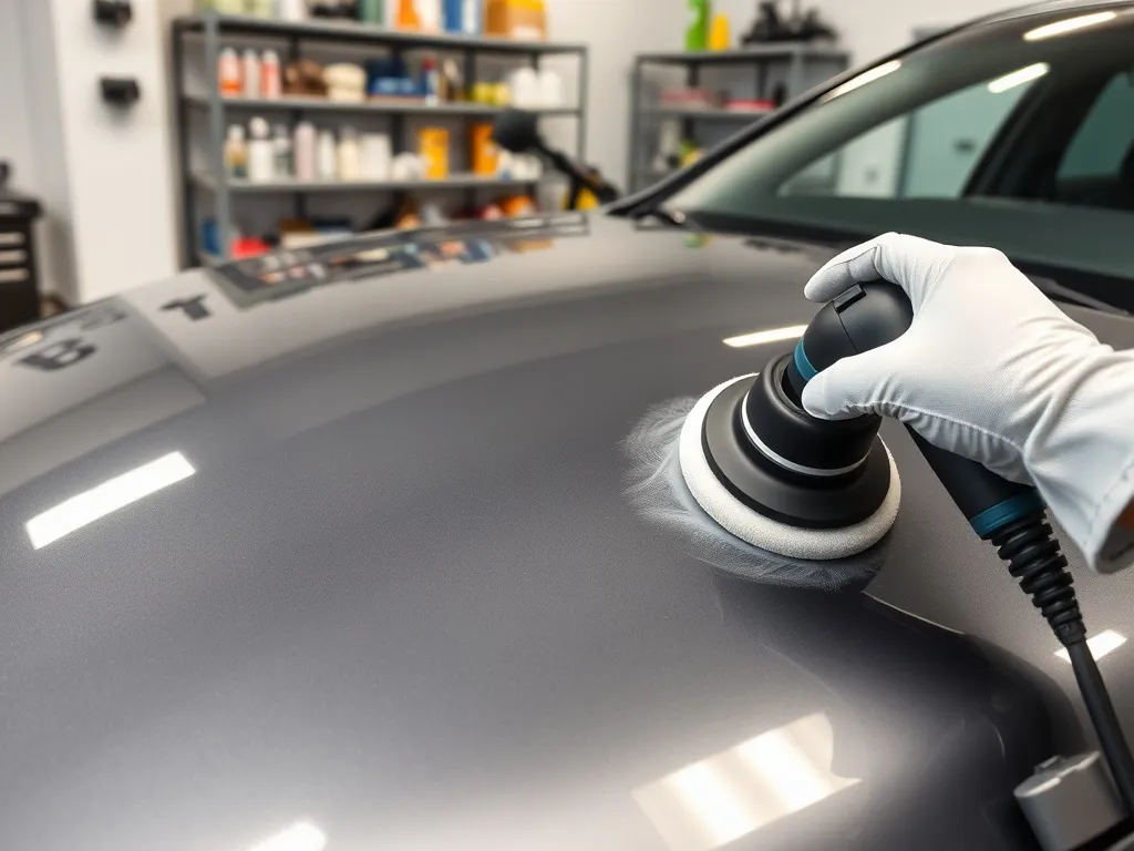 Ręka w rękawiczce poleruje matową część maski auta, pokazując usuwanie powłoki ceramicznej i przywracanie połysku lakieru.