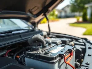 Zbliżenie tabliczki znamionowej auta z podświetlonym oznaczeniem, w tle mechanik sprawdzający silnik latarką.