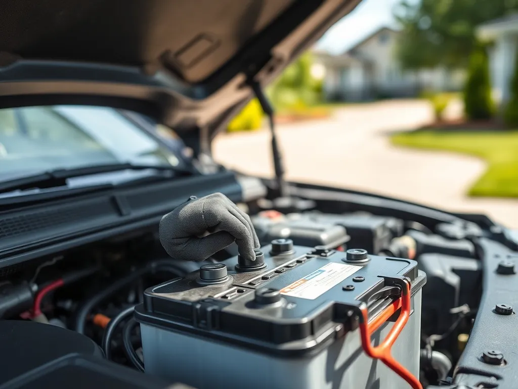 Mechanik w rękawicy luzuje klemę minusową akumulatora w aucie, pokazując bezpieczne odłączenie baterii samochodowej.