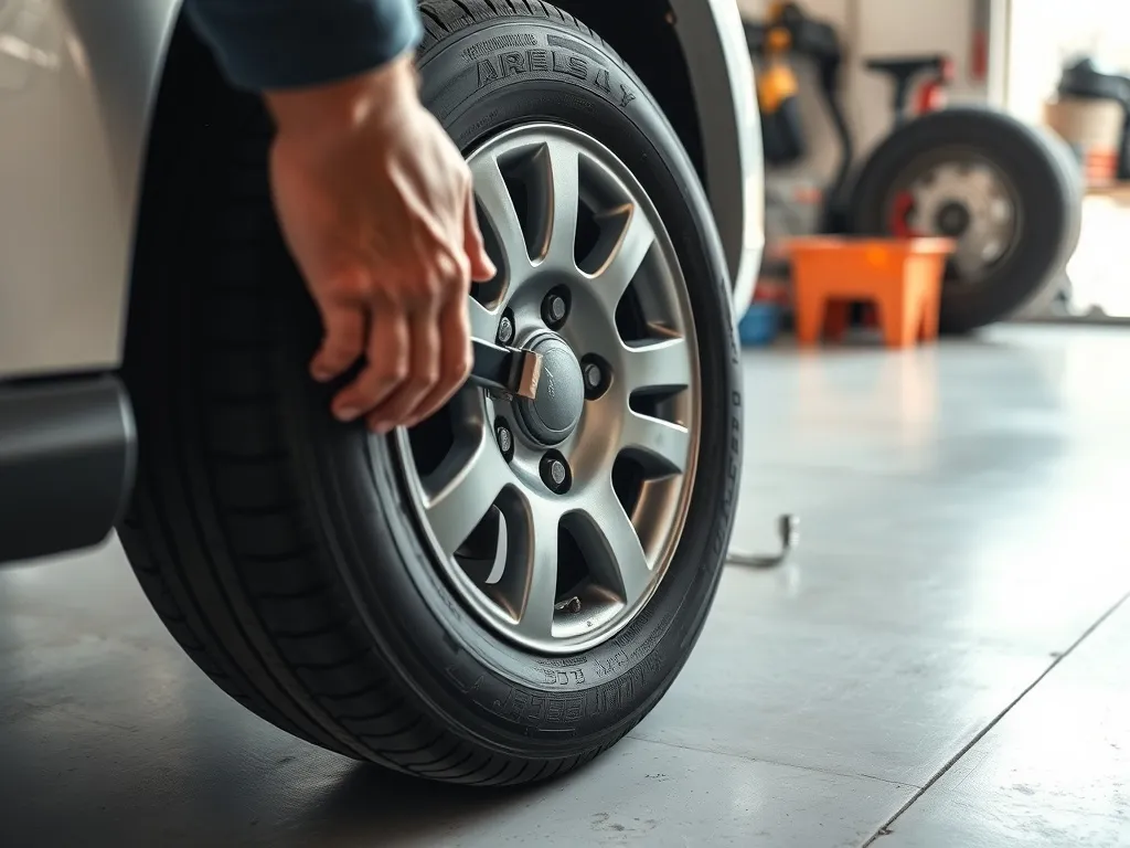 Ręczne zakładanie opony na felgę za pomocą łyżki w domowym garażu, pokaz wysiłku i samodzielnej wymiany