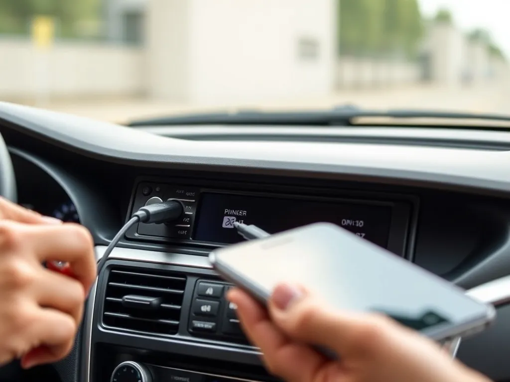 Dłoń podłączająca smartfon kablem USB do radia samochodowego Pioneer na nowoczesnej desce rozdzielczej.
