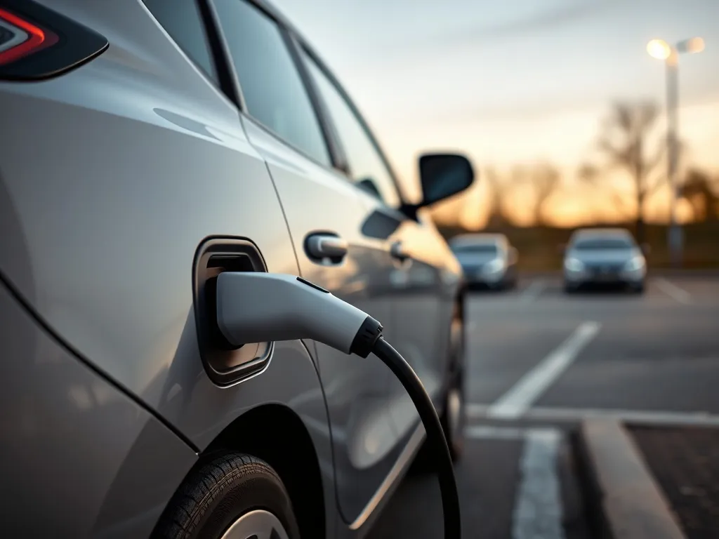 Samochód elektryczny podłączony do nowoczesnej ładowarki na parkingu, ilustrujący koszt ładowania pojazdu.