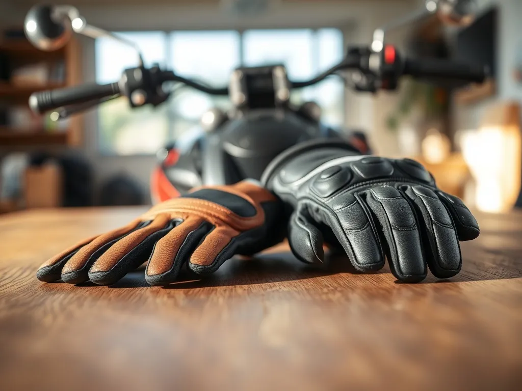Zbliżenie dwóch różnych rękawic motocyklowych na stole, sportowej i turystycznej, pokazujące materiały i ochraniacze.