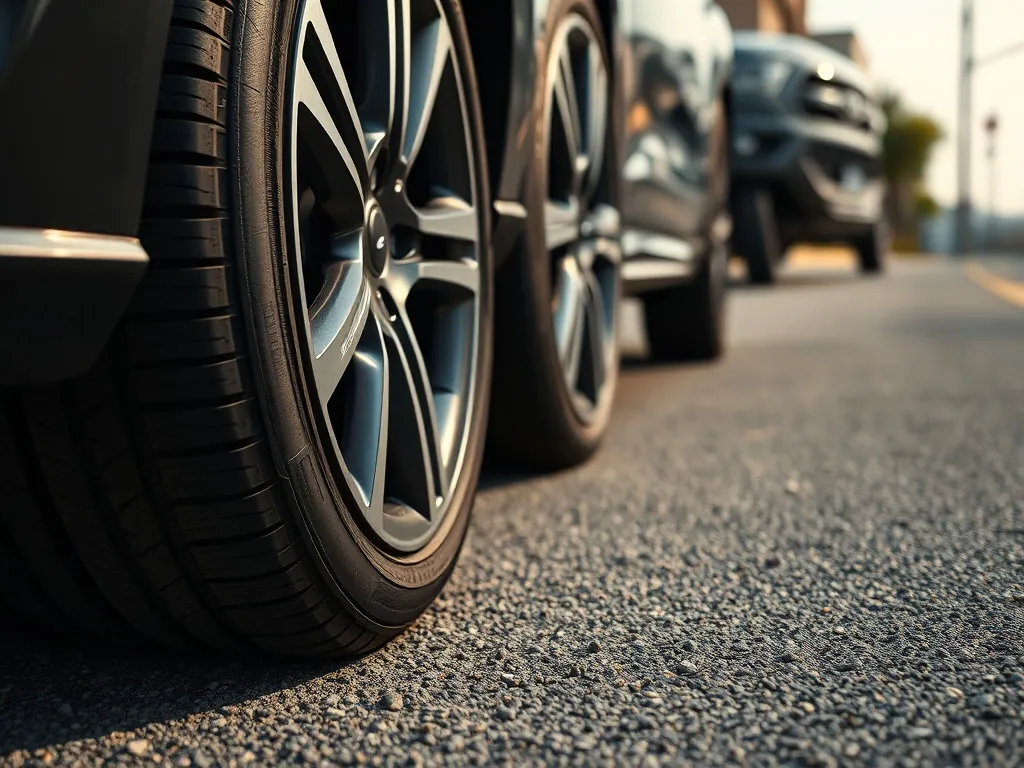 Dwa różne bieżniki opon ustawione obok siebie na tle samochodu, ilustrujące montaż innych opon na przód i tył.