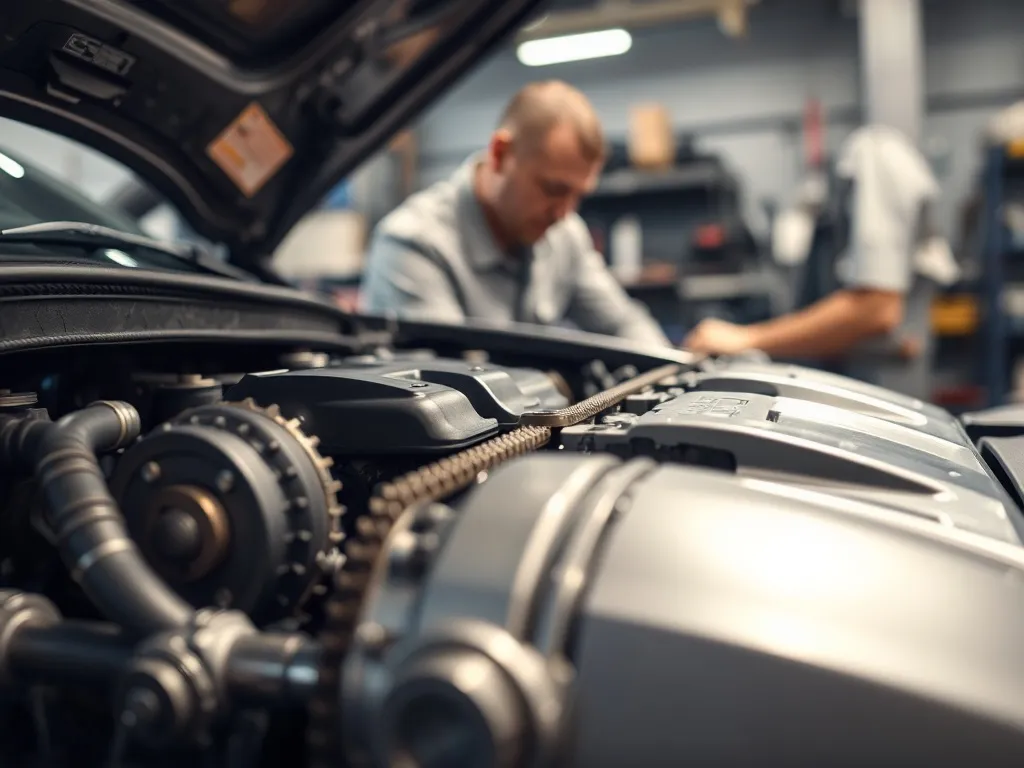 Mechanik ogląda silnik z widocznym łańcuchem rozrządu, podkreślając znaczenie kontroli i wymiany łańcucha na czas