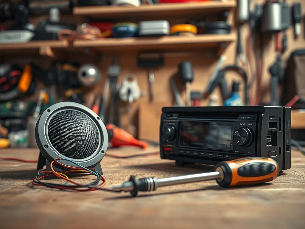 Otwarty radioodtwarzacz samochodowy podłączany do głośnika na drewnianym stole w domowym warsztacie audio DIY