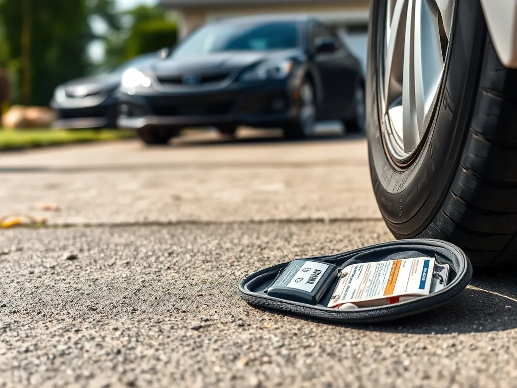 Zbliżenie przebitej opony z leżącym obok zestawem naprawczym, sugerujące możliwość naprawy zamiast wymiany