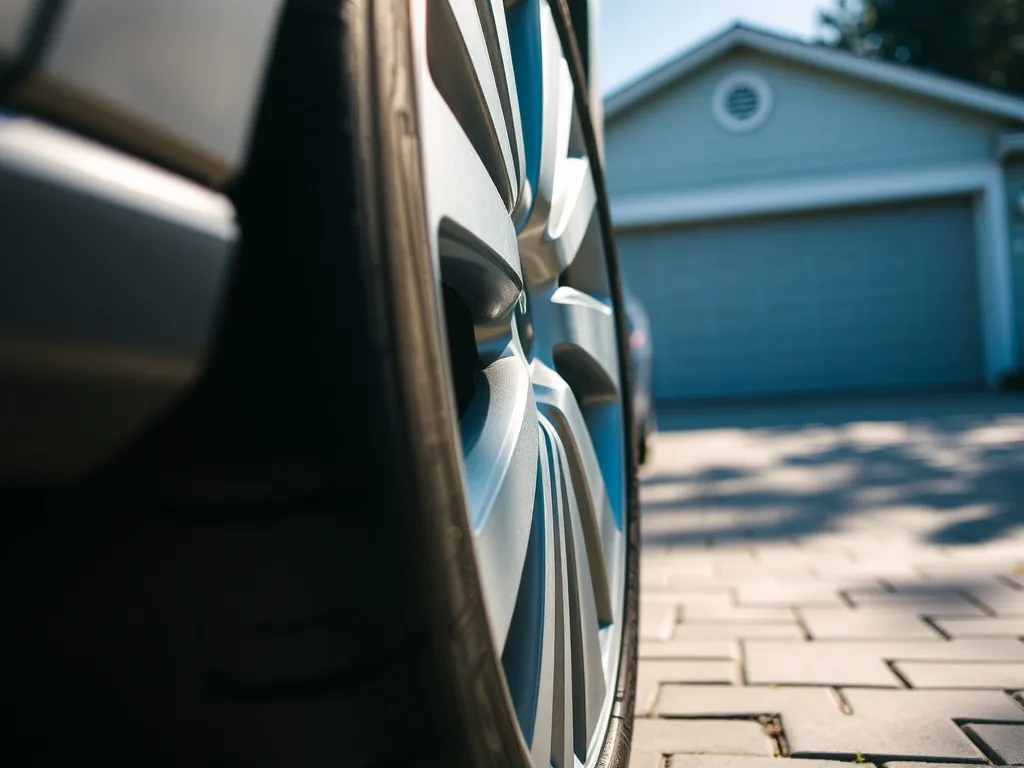 Zbliżenie na oponę samochodu z wyraźnym bieżnikiem, ilustrujące sposób rozpoznania strony montażu opon.