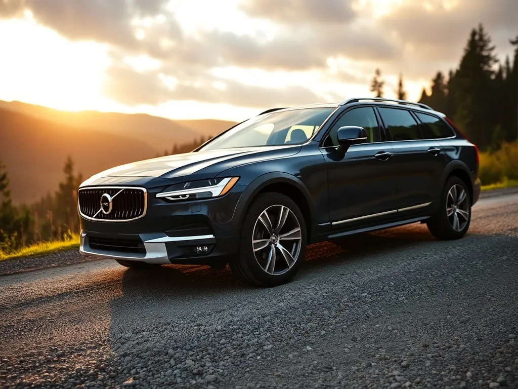Volvo V90 Cross Country na żwirowej drodze wśród wzgórz, podkreślony przód i profil auta w naturalnym świetle.