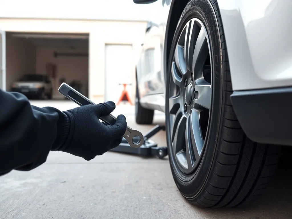Mechanik luzuje śruby koła kluczem, auto stoi na podjeździe z lewarkiem, dźwignia zmiany biegów ustawiona na „P”.