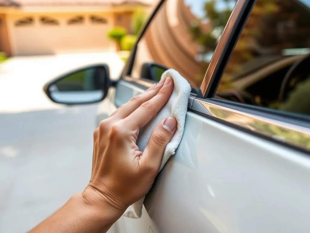 Dłoń poleruje miękką ściereczką rysę na jasnych drzwiach auta, pokazując domowy sposób usuwania zarysowań.