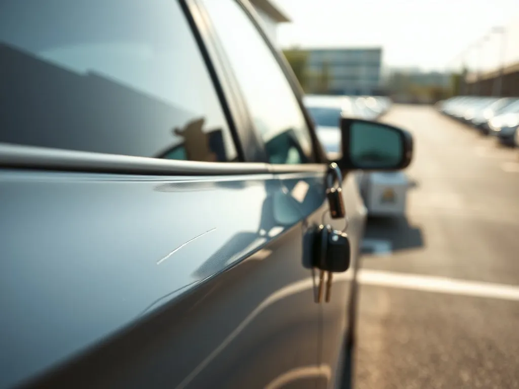 Zarysowane drzwi zaparkowanego auta i kierowca z kluczykami, symbolizujące ucieczkę z miejsca parkingowej kolizji.