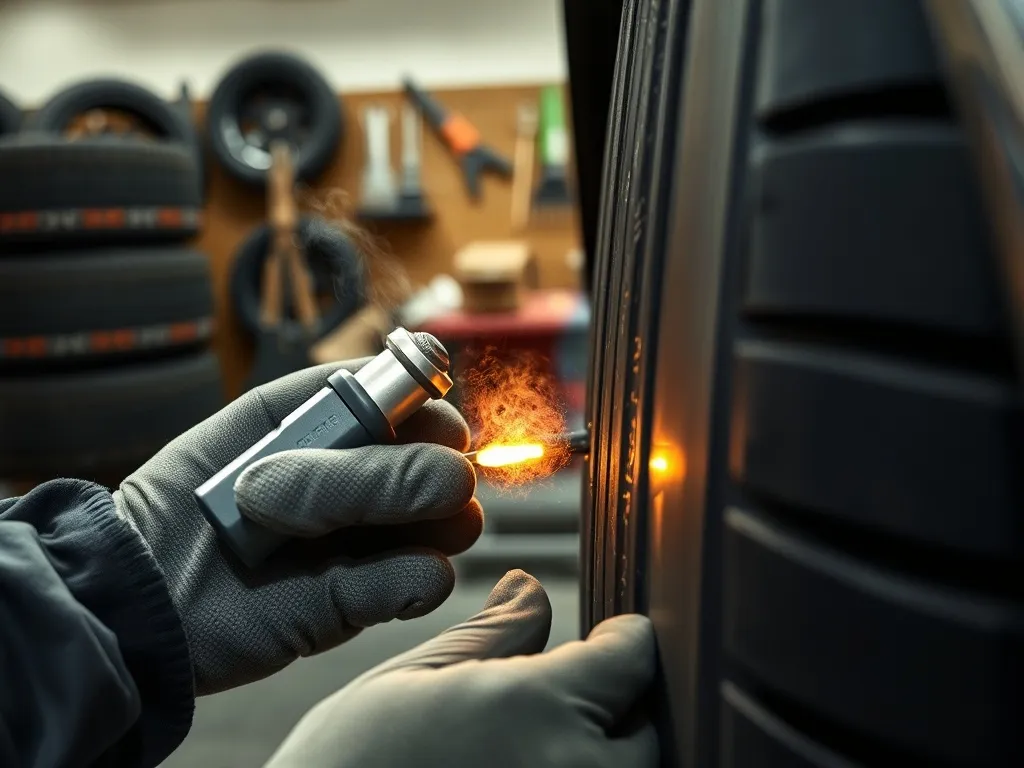 Mechanik dociska rozgrzane narzędzie do bocznej ściany opony, pokazując proces wulkanizacji na gorąco i naprawę uszkodzenia.