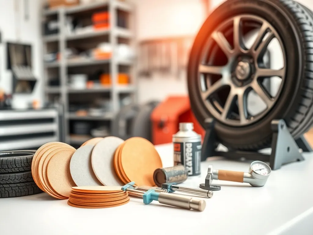 Podstawowy zestaw narzędzi do wulkanizacji ułożony na stole w warsztacie, z kołem samochodu w tle.