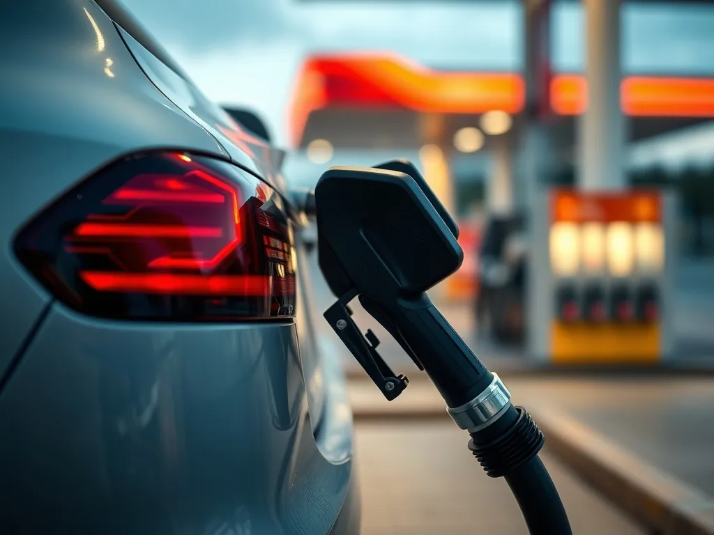 Dystrybutor paliwa włożony do baku auta z włączonym silnikiem, wieczorne oświetlenie stacji podkreśla potencjalne ryzyko.