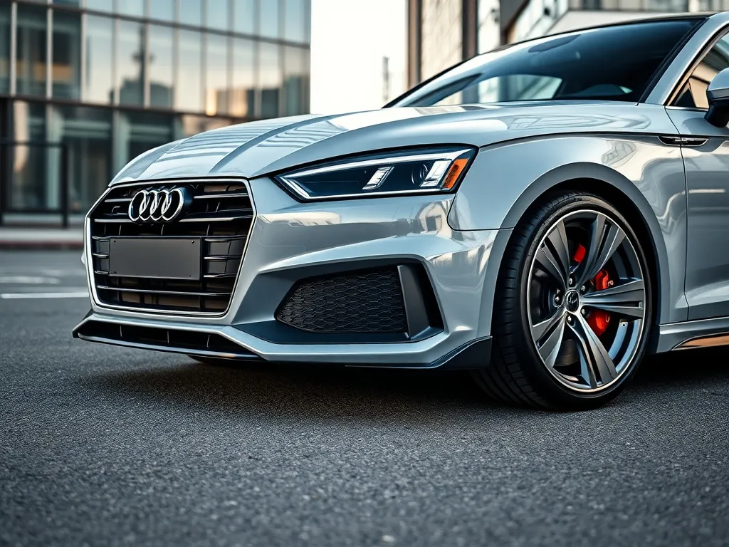 Audi A5 z pakietem stylistycznym: obniżony zderzak, progi, eleganckie felgi przed nowoczesnym przeszklonym budynkiem