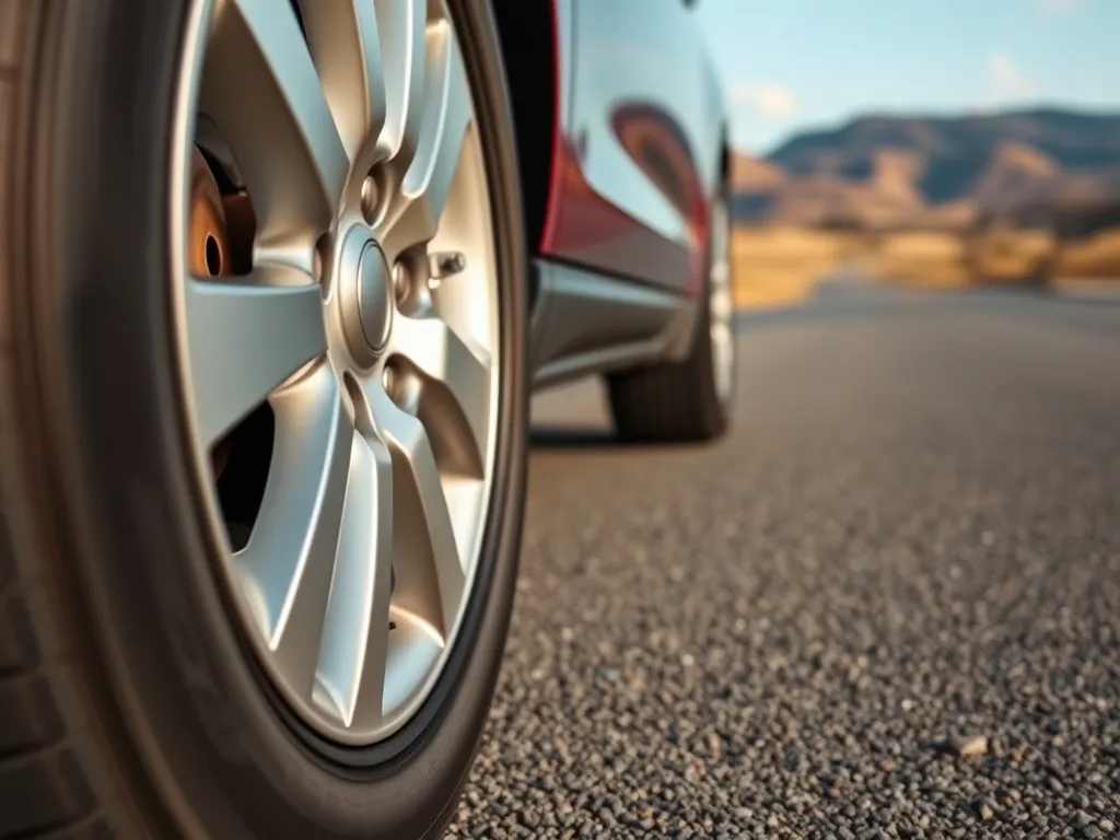 Nowoczesna opona samochodowa z wyraźnym bieżnikiem na drodze, w tle otwarta trasa sugerująca test i porównanie klas opon.