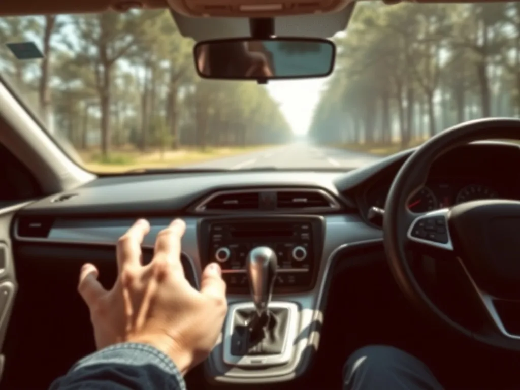 Wnętrze auta z manualną skrzynią, ręka przy lewarku, stała prędkość na liczniku ilustruje działanie tempomatu.