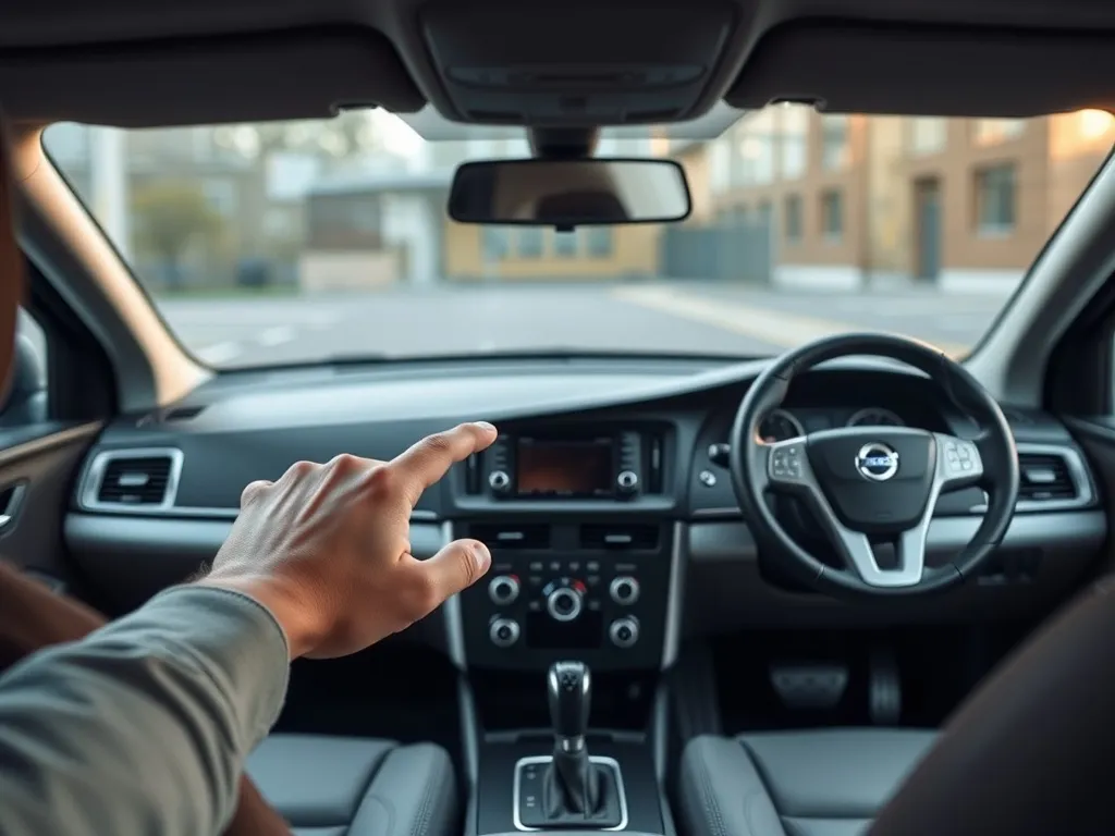 Wnętrze Volvo V50 z dłonią wskazującą gniazdo AUX przy radiu na centralnej konsoli, ułatwienie w jego zlokalizowaniu.