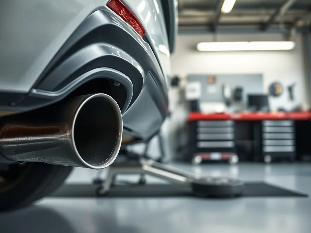 Zbliżenie rury wydechowej auta z widocznym filtrem DPF w nowoczesnym, czystym warsztacie samochodowym.