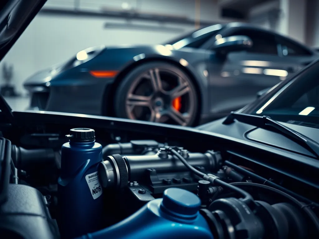 Butla podtlenku azotu w komorze silnika sportowego auta, podkreślająca tuning i zwiększenie osiągów samochodu