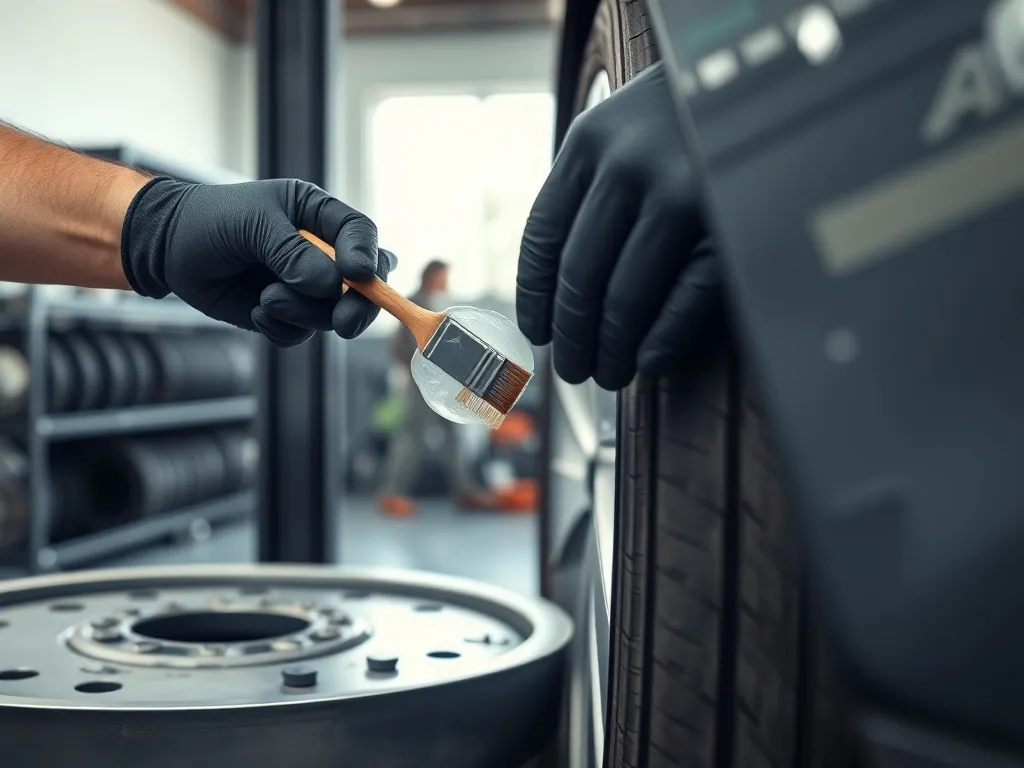Mechanik w rękawicach nakłada pędzlem przezroczystą pastę montażową na brzeg opony w warsztacie wulkanizacyjnym