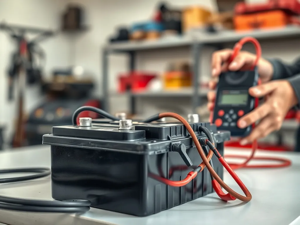 Mechanik mierzy prąd rozruchowy CCA akumulatora samochodowego za pomocą prostego multimetru i kabli rozruchowych