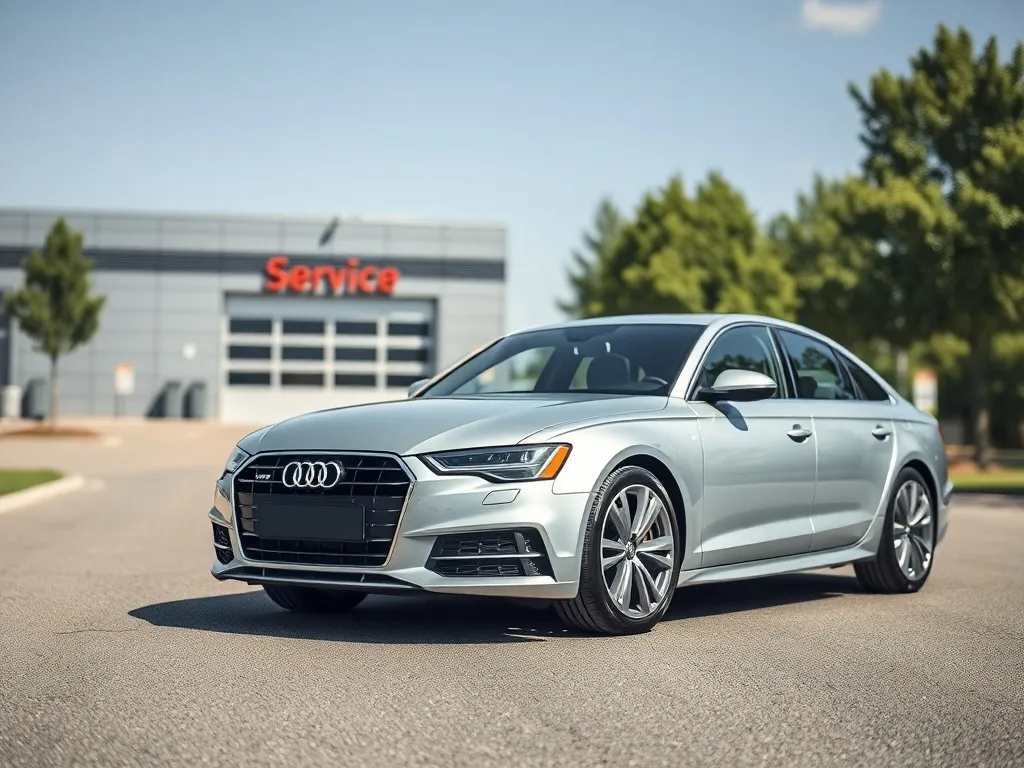Srebrne Audi A6 C6 zaparkowane przed nowoczesnym serwisem, podkreślone nadwozie i koła w jasnym, słonecznym świetle.
