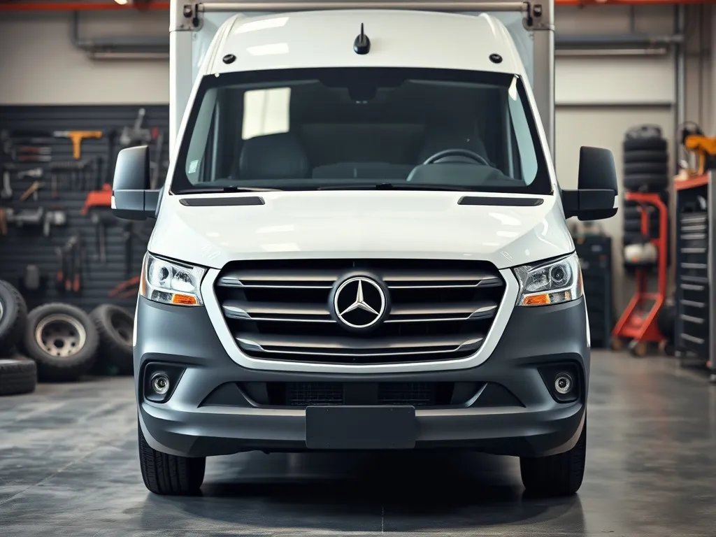 Mechanik sprawdza silnik białego Renault Master w warsztacie, z przodu widoczny grill i reflektory furgonu