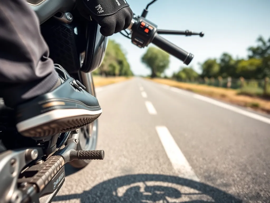 Stopa motocyklisty na dźwigni zmiany biegów, ręka na klamce sprzęgła, pokazanie prawidłowej pozycji do zmiany biegów.