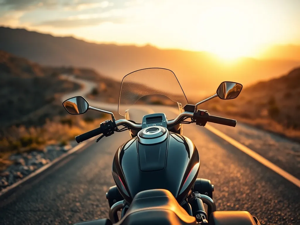 Nowoczesny motocykl szosowo‑turystyczny na górskiej drodze o zachodzie słońca, gotowy na dalszą trasę.