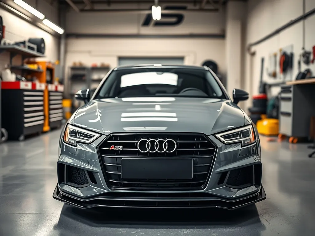 Audi A3 8P w garażu z zamontowanym, błyszczącym body kitem, podkreślającym sportowy wygląd nadwozia