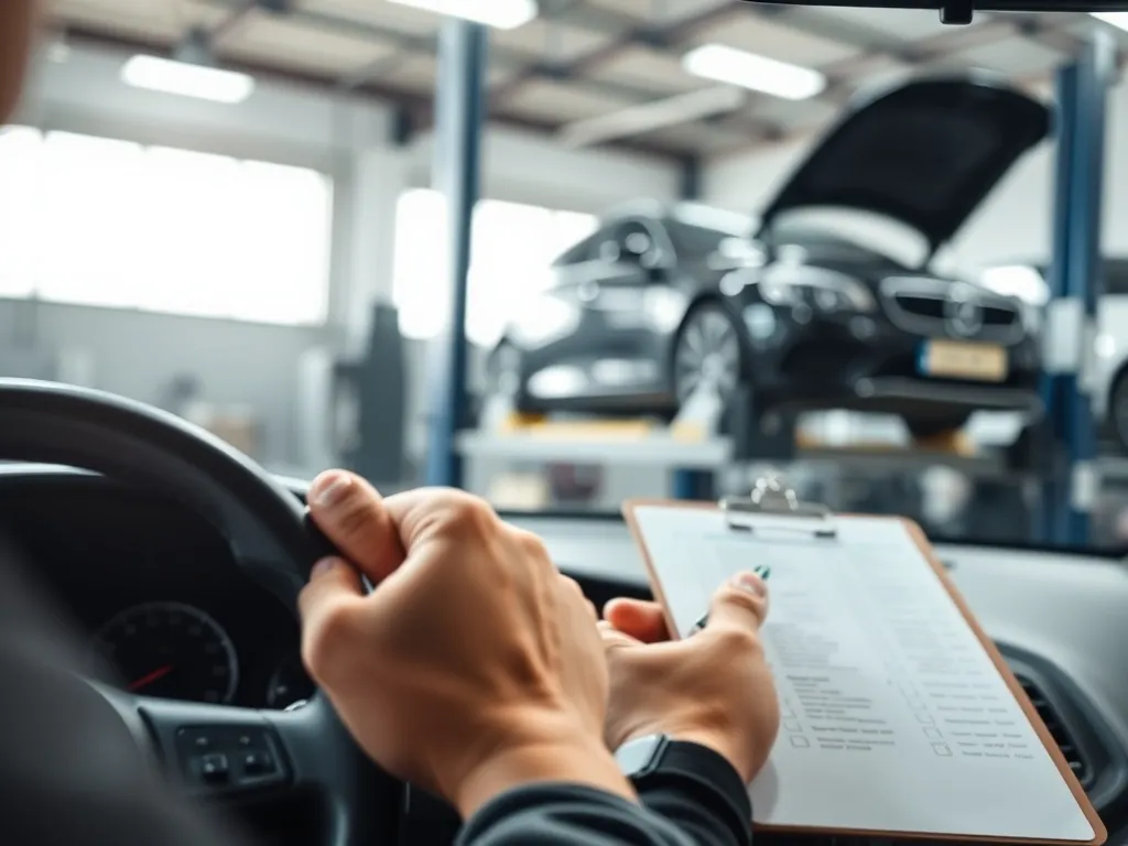 Mechanik z listą kontrolną sprawdza auto w nowoczesnym warsztacie, symbolizując koszt i przebieg przeglądu technicznego.