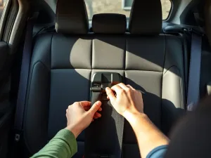 Mechanik w rękawiczkach wskazuje na układ wydechowy srebrnego auta w warsztacie, sugerując problem z wyciętym DPF.